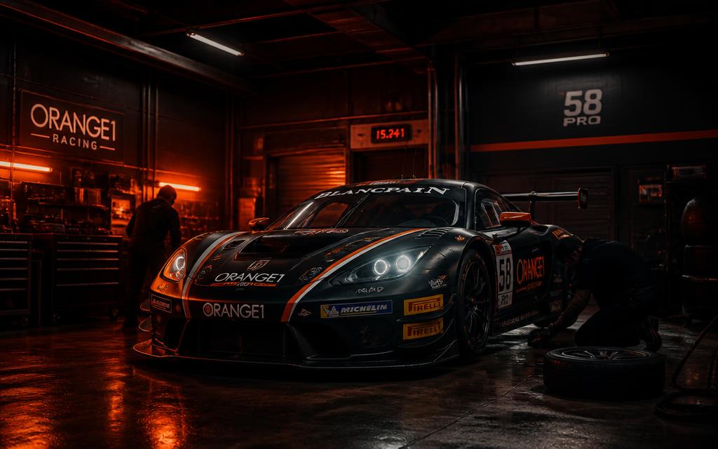 GT3 car in a garage under ember lighting