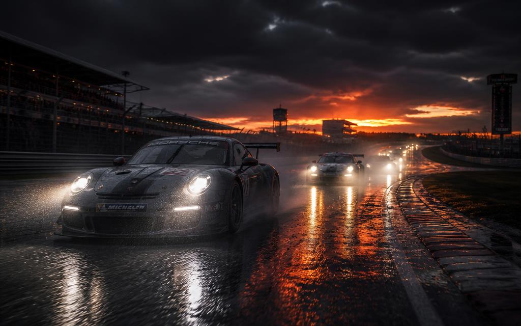 Wet race track at dusk with headlights glowing